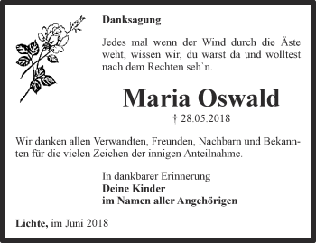 Traueranzeige von Maria Oswald von Ostthüringer Zeitung