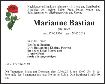 Traueranzeige von Marianne Bastian von Thüringer Allgemeine, Thüringische Landeszeitung