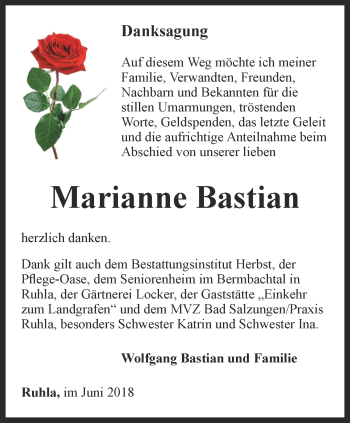 Traueranzeige von Marianne Bastian von Thüringer Allgemeine, Thüringische Landeszeitung