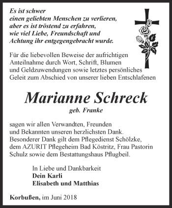 Traueranzeige von Marianne Schreck von Ostthüringer Zeitung