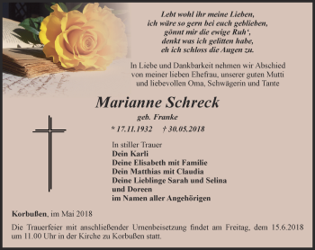 Traueranzeige von Marianne Schreck von Ostthüringer Zeitung