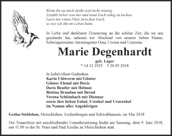 Traueranzeige von Marie Degenhardt von Ostthüringer Zeitung, Thüringische Landeszeitung