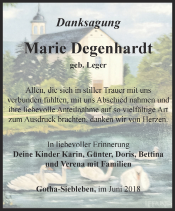 Traueranzeige von Marie Degenhardt von Ostthüringer Zeitung, Thüringische Landeszeitung