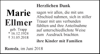 Traueranzeige von Marie Ellmer von Thüringer Allgemeine, Thüringische Landeszeitung