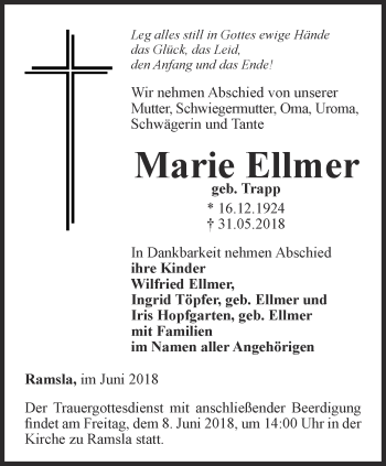 Traueranzeige von Marie Ellmer von Thüringer Allgemeine, Thüringische Landeszeitung