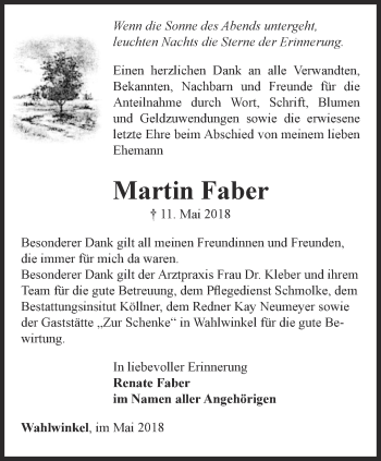 Traueranzeige von Martin Faber von Ostthüringer Zeitung, Thüringische Landeszeitung