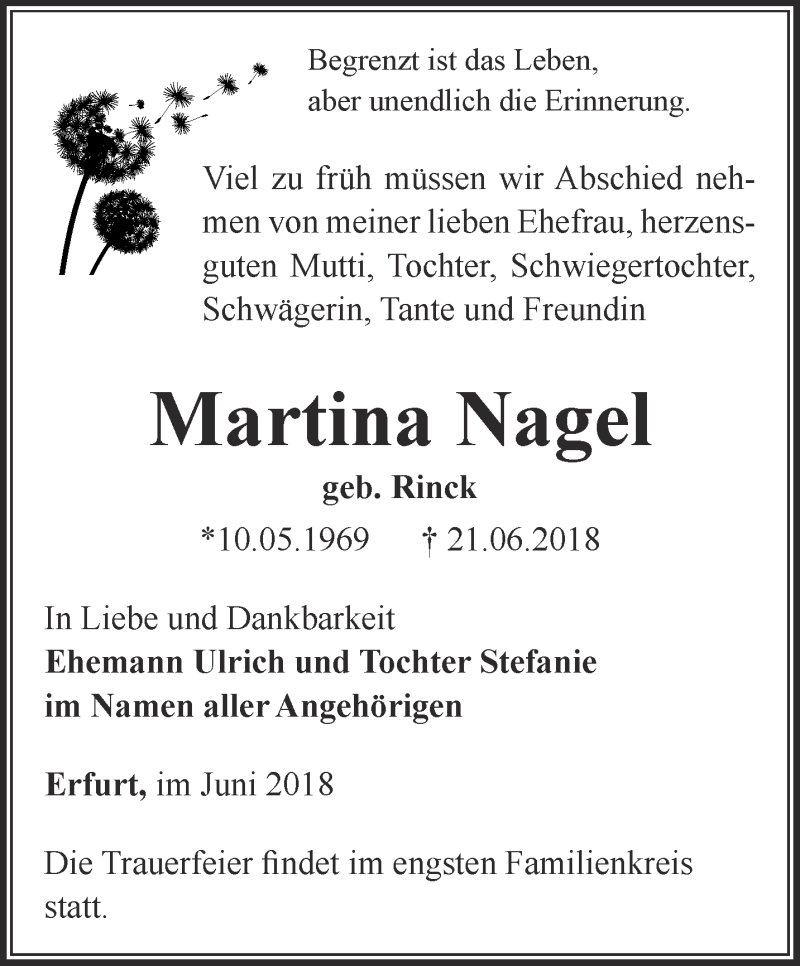  Traueranzeige für Martina Nagel vom 23.06.2018 aus Thüringer Allgemeine, Thüringische Landeszeitung