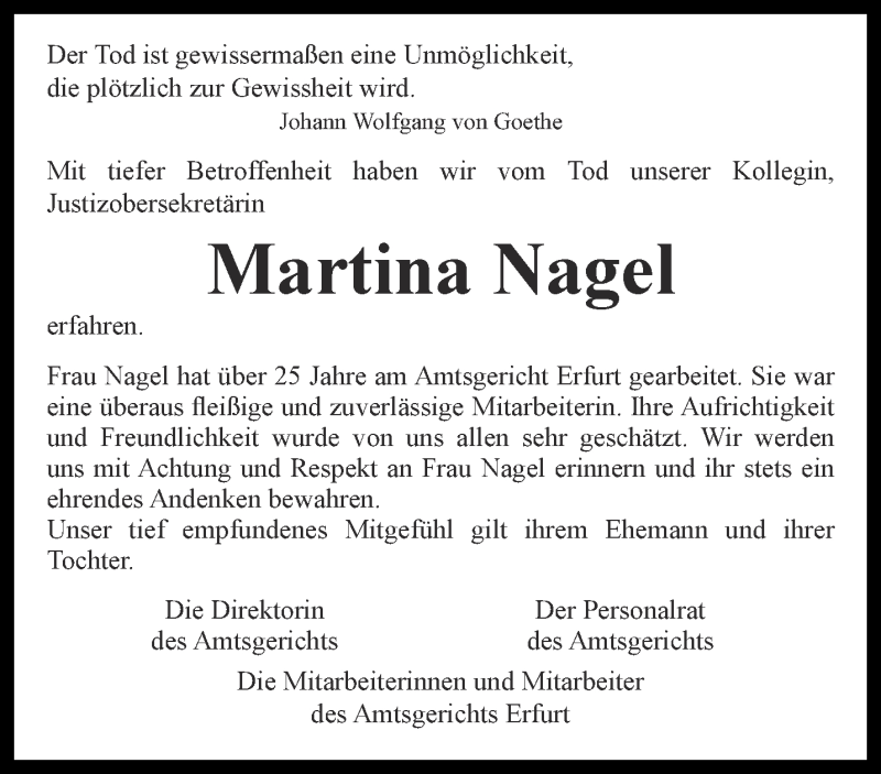  Traueranzeige für Martina Nagel vom 27.06.2018 aus Thüringer Allgemeine, Thüringische Landeszeitung