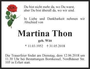 Traueranzeige von Martina Thon von Thüringer Allgemeine, Thüringische Landeszeitung