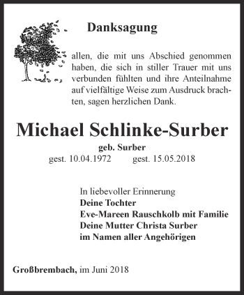 Traueranzeige von Michael Schlinke-Surber von Thüringer Allgemeine