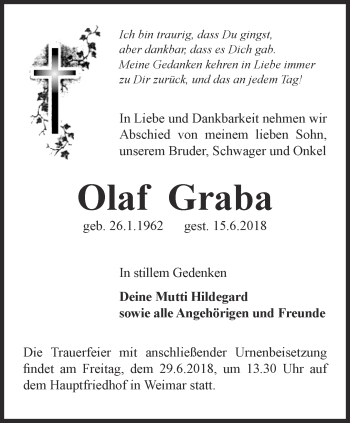 Traueranzeige von Olaf Graba von Thüringer Allgemeine, Thüringische Landeszeitung