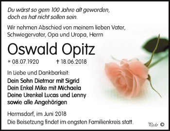 Traueranzeige von Oswald Opitz von Ostthüringer Zeitung