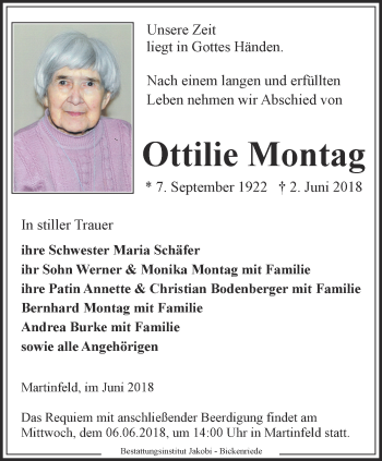 Traueranzeige von Ottilie Montag von Thüringer Allgemeine