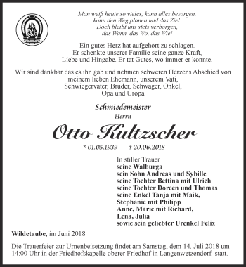 Traueranzeige von Otto Kultzscher von Ostthüringer Zeitung