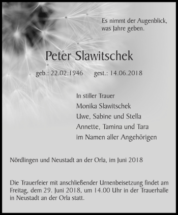 Traueranzeige von Peter Slawitschek von Ostthüringer Zeitung