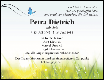 Traueranzeige von Petra Dietrich von Ostthüringer Zeitung, Thüringische Landeszeitung