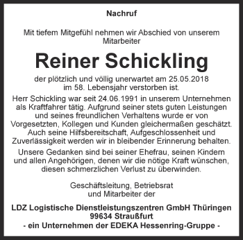 Traueranzeige von Reiner Schickling von Thüringer Allgemeine, Thüringische Landeszeitung