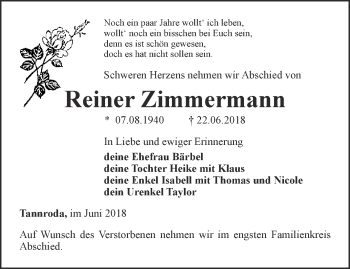 Traueranzeige von Reiner Zimmermann von Thüringer Allgemeine, Thüringische Landeszeitung