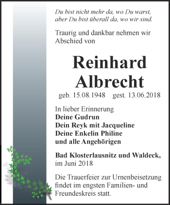 Traueranzeige von Reinhard Albrecht von Ostthüringer Zeitung