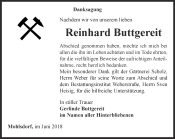 Traueranzeige von Reinhard Buttgereit von Ostthüringer Zeitung