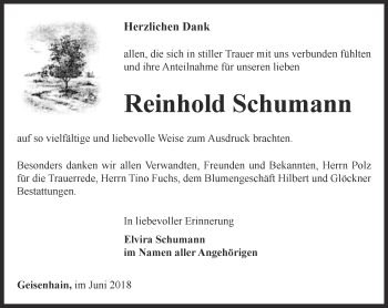 Traueranzeige von Reinhold Schumann von Ostthüringer Zeitung
