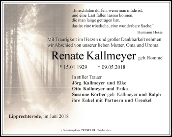 Traueranzeige von Renate Kallmeyer von Thüringer Allgemeine