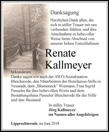 Traueranzeige von Renate Kallmeyer von Thüringer Allgemeine