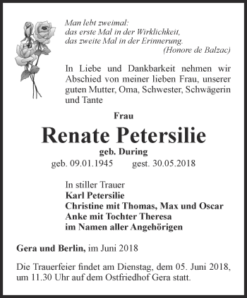 Traueranzeige von Renate Petersilie von Ostthüringer Zeitung