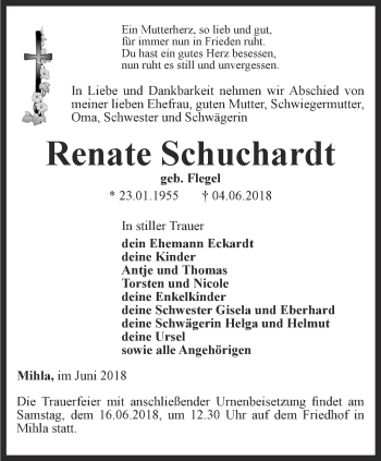 Traueranzeige von Renate Schuchardt von Thüringer Allgemeine, Thüringische Landeszeitung