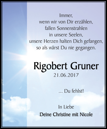 Traueranzeige von Rigobert Gruner von Ostthüringer Zeitung