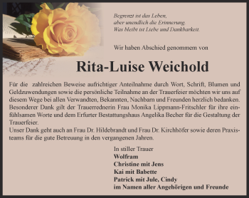 Traueranzeige von Rita-Luise Weichold von Thüringer Allgemeine, Thüringische Landeszeitung