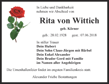 Traueranzeige von Rita von Wittich