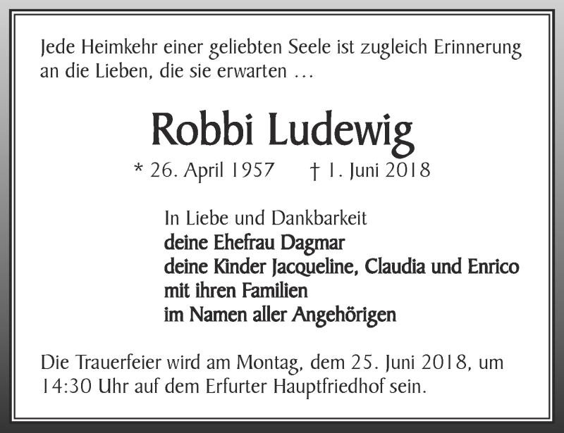  Traueranzeige für Robbi-Peter Ludewig vom 09.06.2018 aus Thüringer Allgemeine, Thüringische Landeszeitung