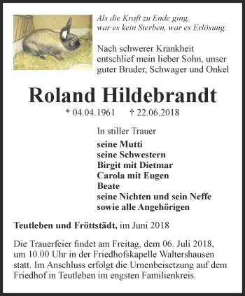 Traueranzeige von Roland Hildebrandt von Ostthüringer Zeitung, Thüringische Landeszeitung