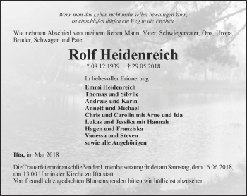 Traueranzeige von Rolf Heidenreich von Thüringer Allgemeine, Thüringische Landeszeitung