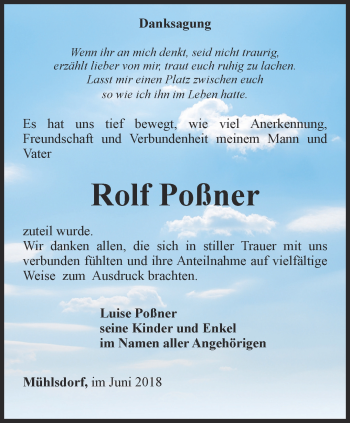 Traueranzeige von Rolf Poßner von Ostthüringer Zeitung