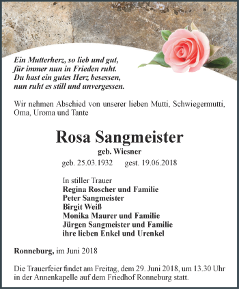 Traueranzeige von Rosa Sangmeister von Ostthüringer Zeitung