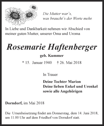 Traueranzeige von Rosemarie Haftenberger von Ostthüringer Zeitung, Thüringische Landeszeitung