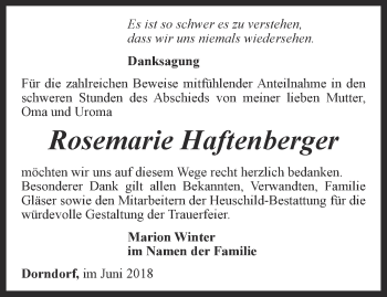 Traueranzeige von Rosemarie Haftenberger von Ostthüringer Zeitung, Thüringische Landeszeitung