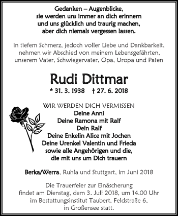 Traueranzeige von Rudi Dittmar von Thüringer Allgemeine, Thüringische Landeszeitung