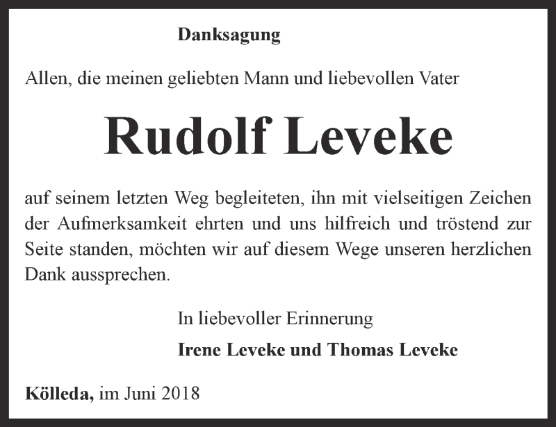  Traueranzeige für Rudolf Leveke vom 09.06.2018 aus Thüringer Allgemeine