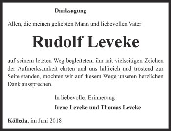 Traueranzeige von Rudolf Leveke von Thüringer Allgemeine