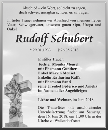 Traueranzeige von Rudolf Schubert von Ostthüringer Zeitung