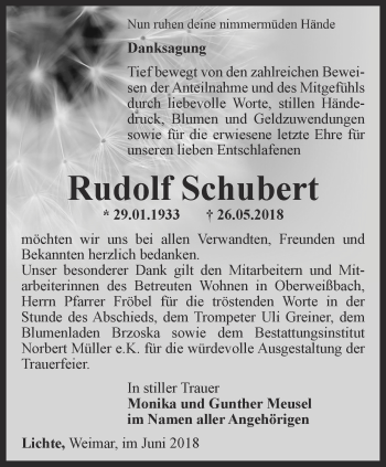 Traueranzeige von Rudolf Schubert von Ostthüringer Zeitung