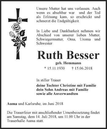 Traueranzeige von Ruth Besser von Ostthüringer Zeitung