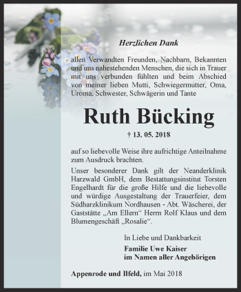 Traueranzeige von Ruth Bücking  von Thüringer Allgemeine