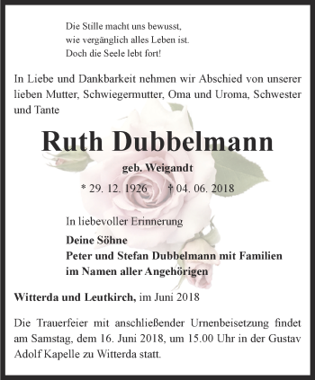 Traueranzeige von Ruth Dubbelmann von Thüringer Allgemeine, Thüringische Landeszeitung