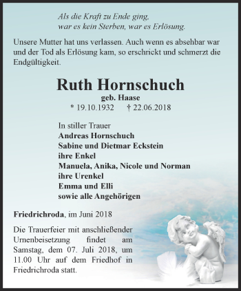 Traueranzeige von Ruth Hornschuch von Ostthüringer Zeitung, Thüringische Landeszeitung