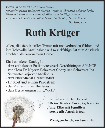 Traueranzeige von Ruth Krüger von Thüringer Allgemeine