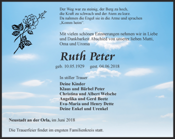 Traueranzeige von Ruth Peter